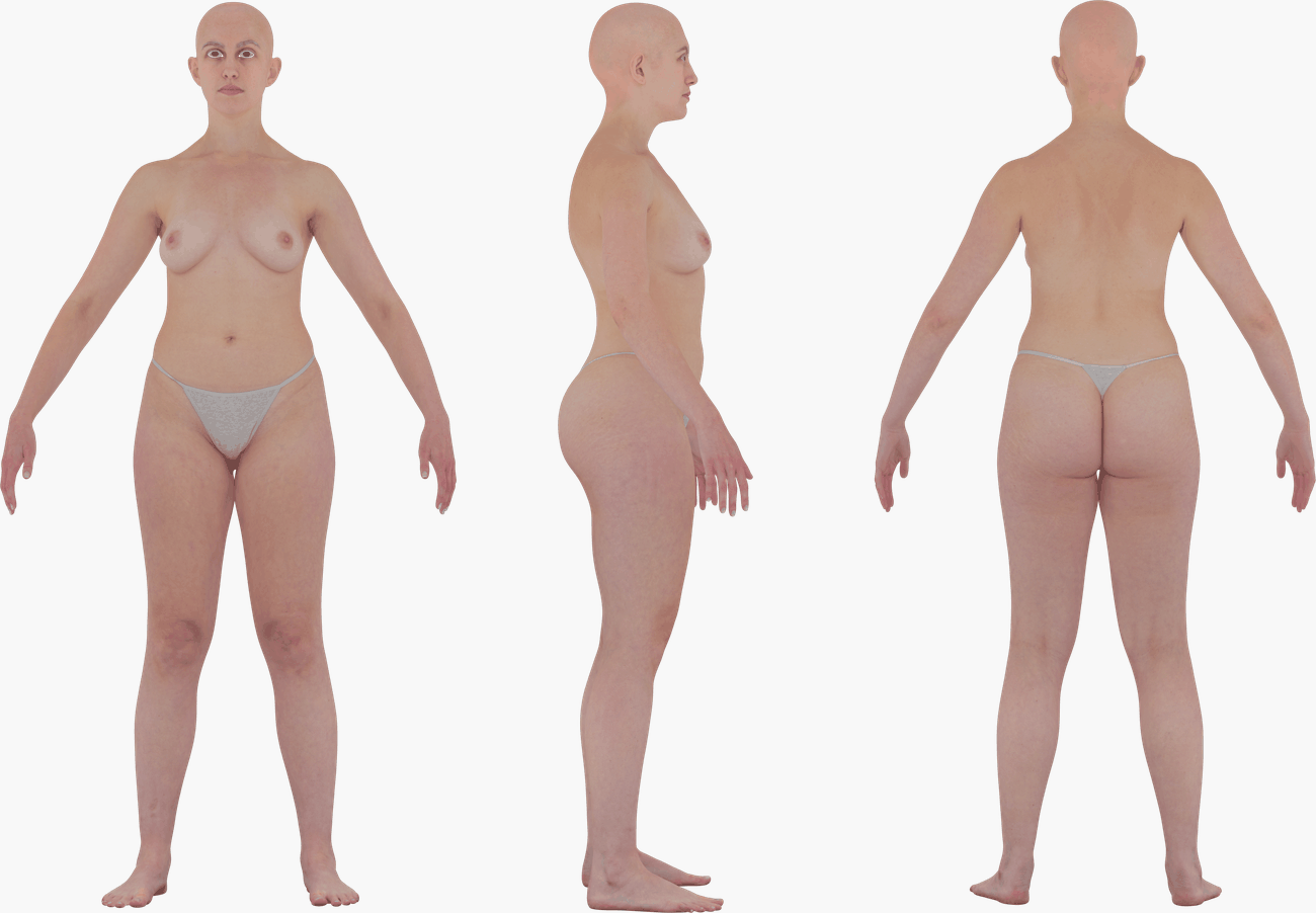 PBR texture map set for a female 3D body scan including Albedo, Normal, Specular, Metalness, and Diffuse maps at 16K